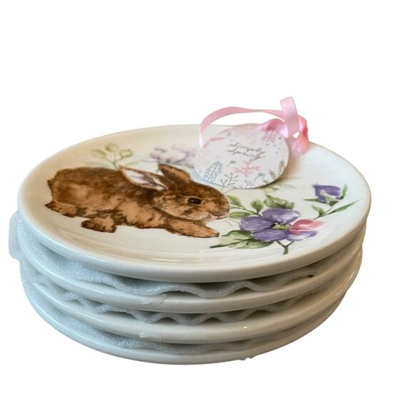 MAXCERA Spring Easter Bunny Rabbit Appetizer Dessert Plates 6" Floral Set 4 NEW - Picture 7 of 16